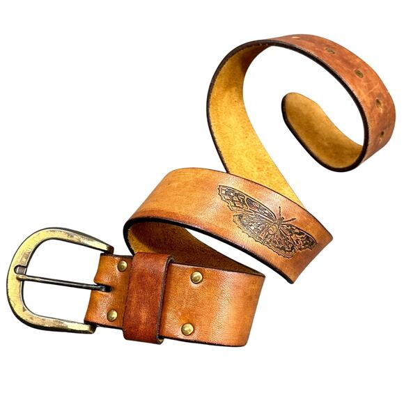 VTG Latitan Leather Belt 26 Brown Hand Tooled Stained Butterfly Bras Buckle Boho - Picture 5 of 14